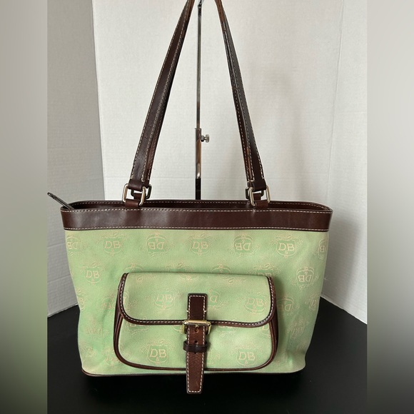 Vintage Dooney & Bourke Shoulder Tote Bag Green Canvas Vachetta Leather … - Picture 3 of 13
